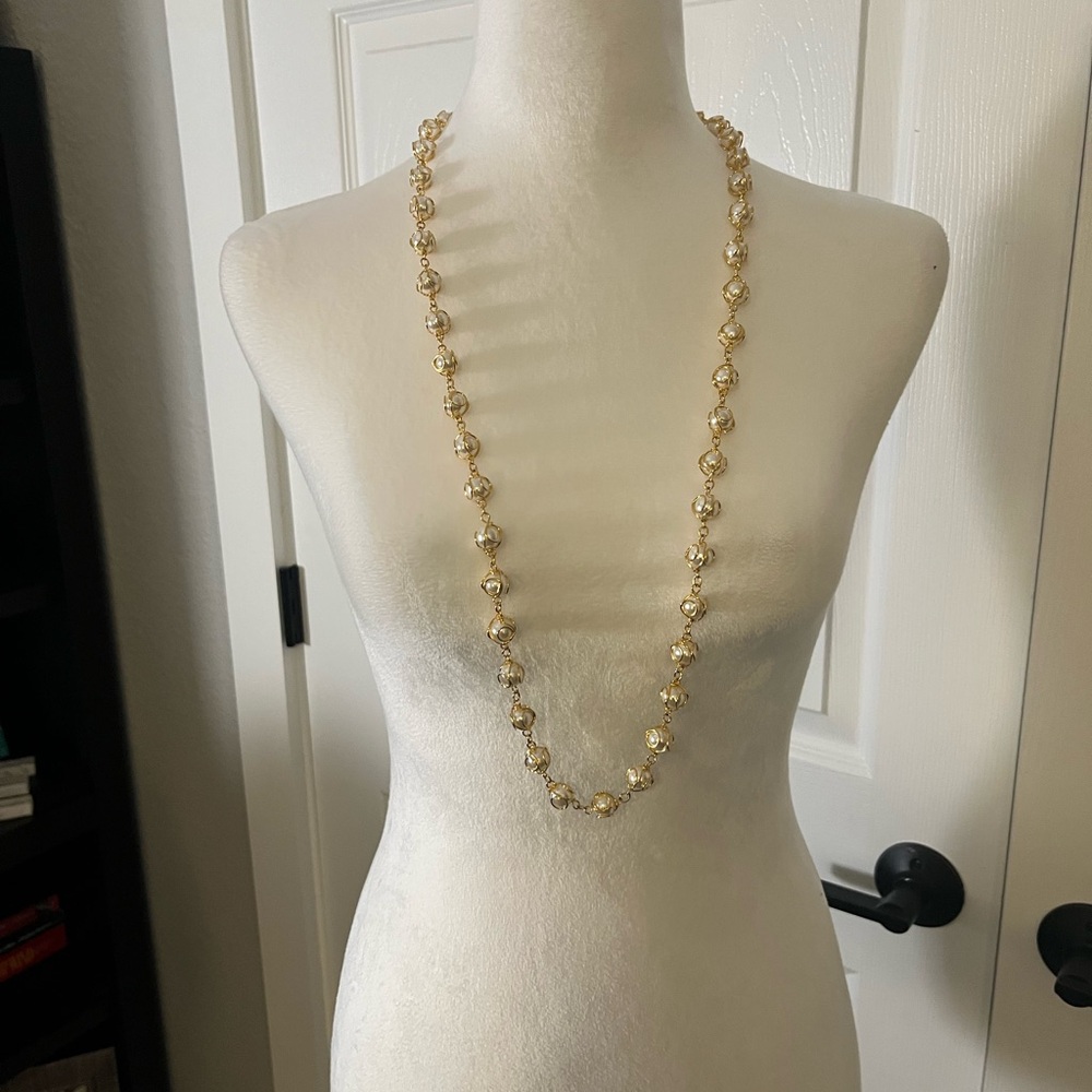 Gold Tone Faux Pearl Station Long Necklace Elegant Classic